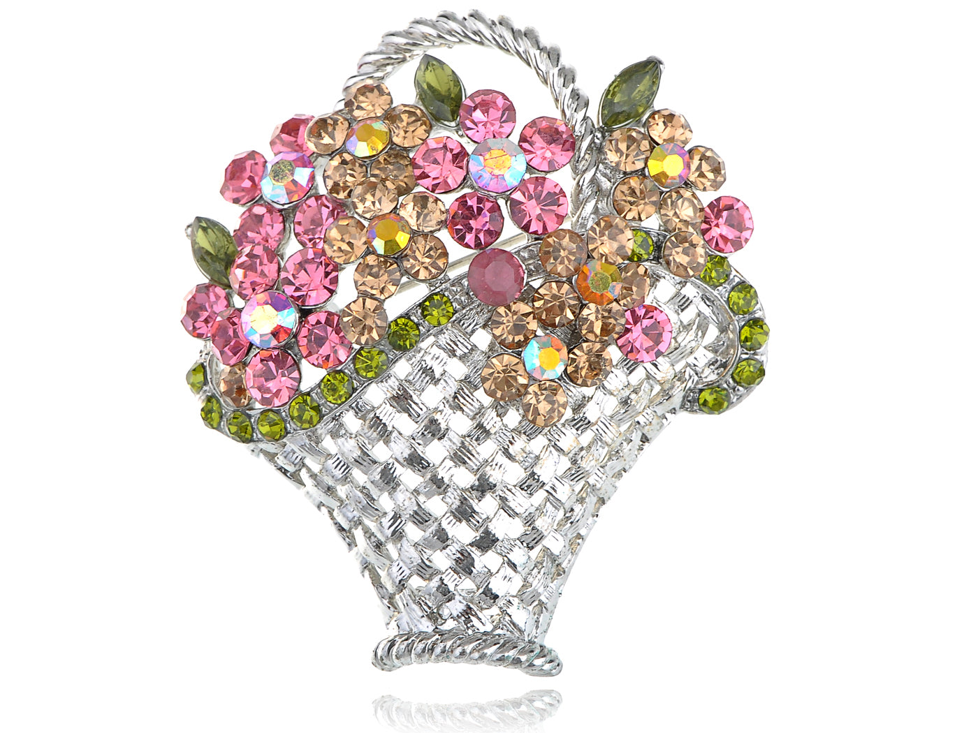 Gun Pink Topaz Green Spring Floral Square Basket Brooch Pin