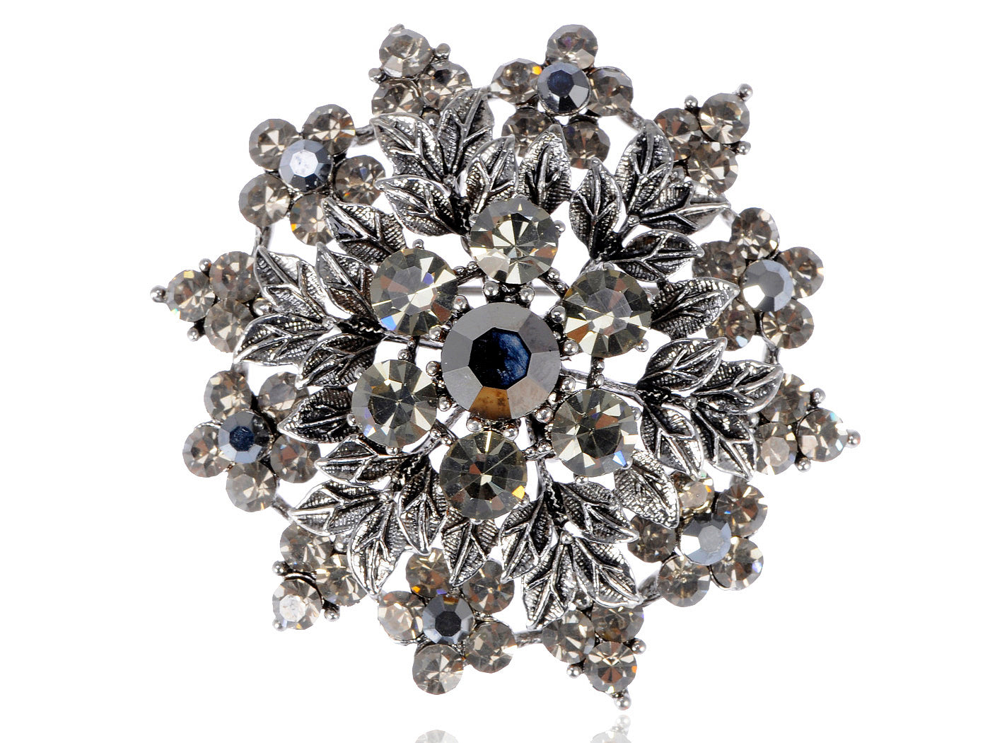 Gun Grey Floral Leaf Snowflake Wreath Crest Brooch Pin