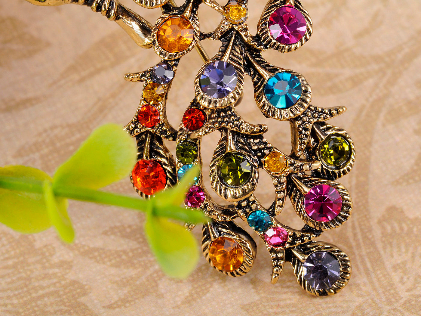 Aurora Borealis Perched Peacock Tree Branch Bird Animal Brooch Pin