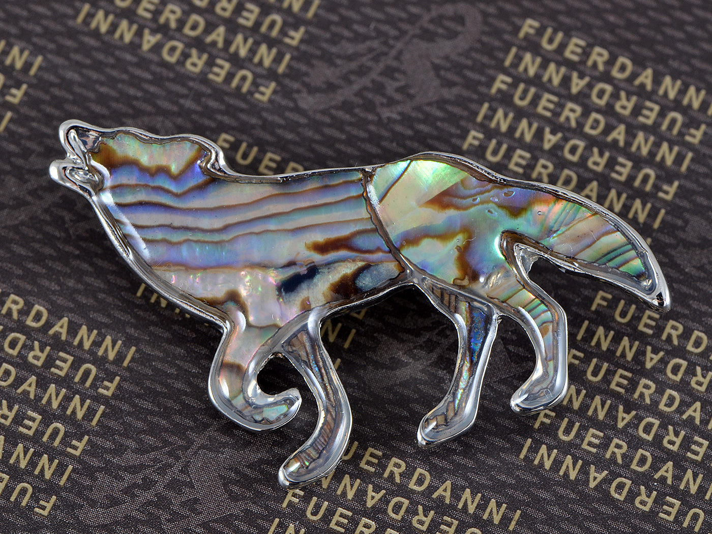 Silver Abalone Multi Colored Iridescent Wolf Coyote Brooch Pin