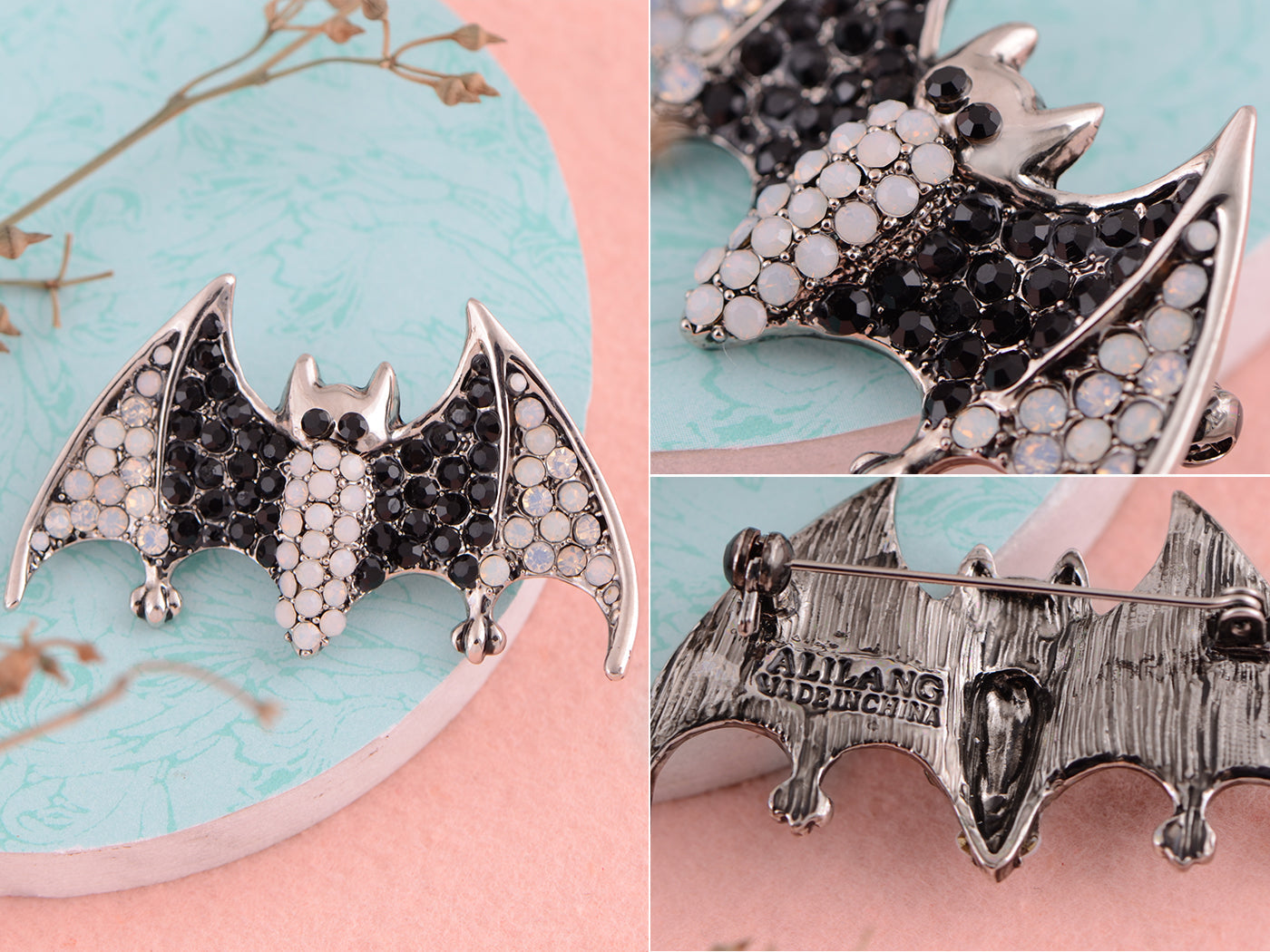 Silver Halloween Ombre Pink Vampire Bat Wing Animal Brooch Pin