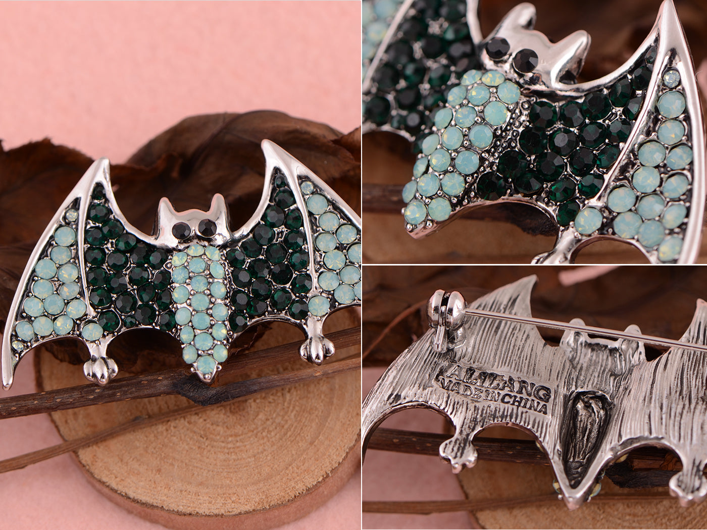 Silver Halloween Ombre Pink Vampire Bat Wing Animal Brooch Pin