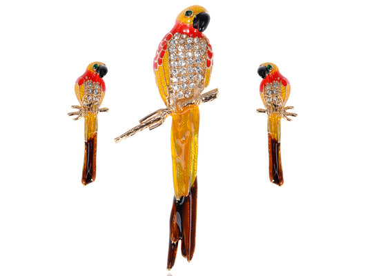 Yellow Bird Parrot Brooch Pin Stud Earrings Set