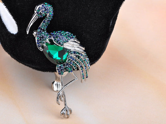 Vintage Emerald Green Sapphire Blue Heron Crane Flamingo Bird Animal Wedding Brooch Pin