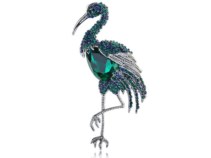 Vintage Emerald Green Sapphire Blue Heron Crane Flamingo Bird Animal Wedding Brooch Pin