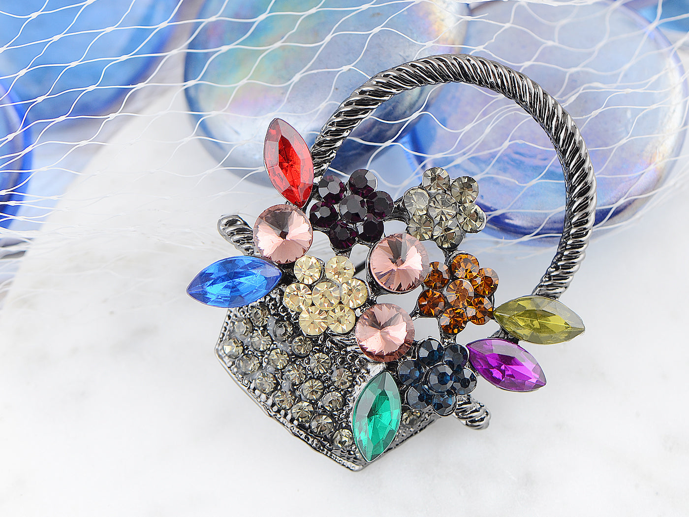 Gun Pink Topaz Green Spring Floral Square Basket Brooch Pin