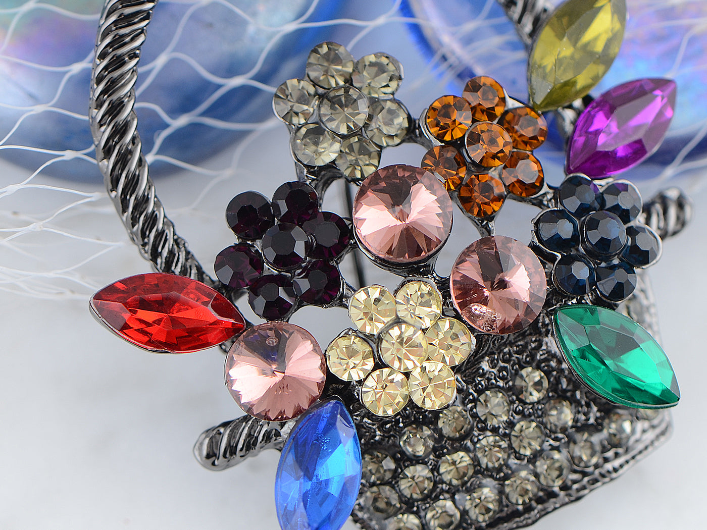 Gun Pink Topaz Green Spring Floral Square Basket Brooch Pin