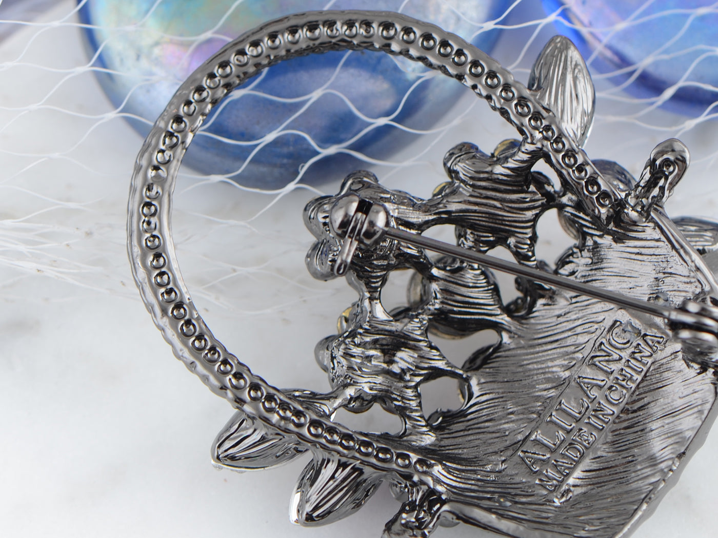 Gun Pink Topaz Green Spring Floral Square Basket Brooch Pin