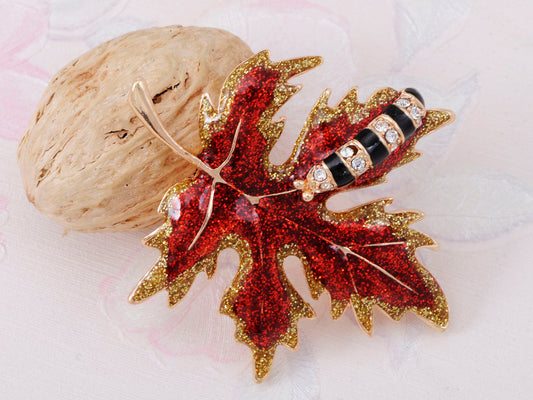 Red Glitter Autumn Maple Leaf Caterpillar Brooch Pin
