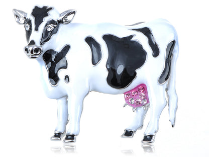 Black White Painted Enamel Farm Animal Cow Bovine Cattle With Bell Brooch Pin