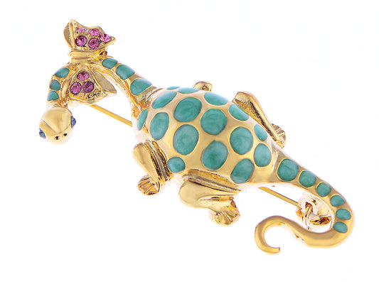 Elements Spotted Green Dinosaur W Bow Tie Pin Brooch
