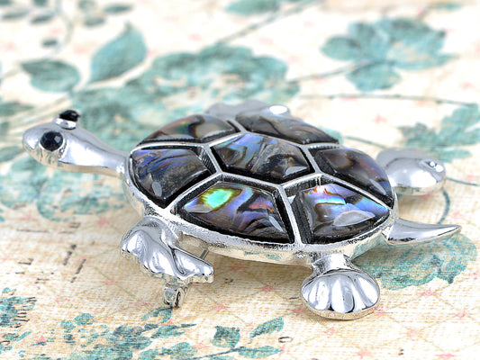 Abalone Shell Hawaiian Swimming Turtle Black Pin Brooch