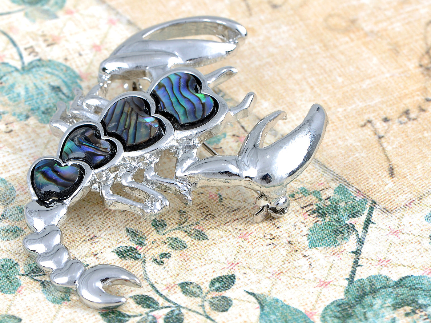 Abalone Colored Heart Scorpio Scorpion Brooch Pin