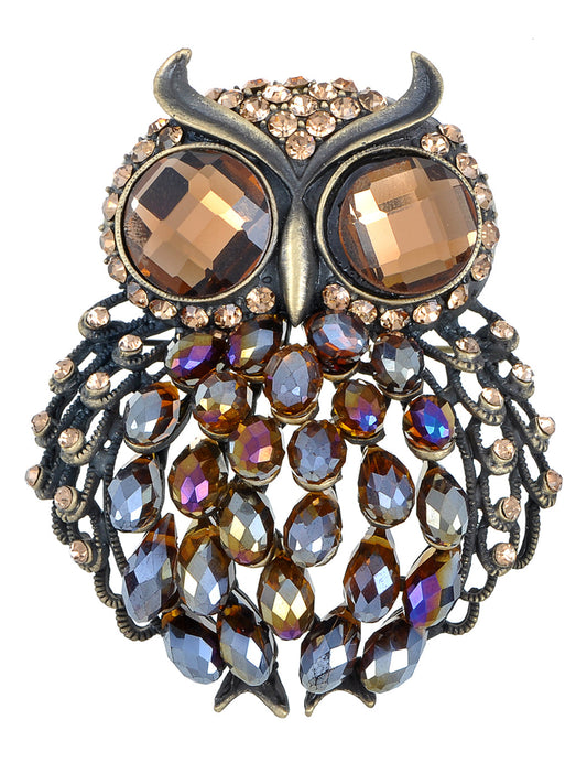 Brass Topaz Rainbow Big Eyes Owl Bird Brooch Pin