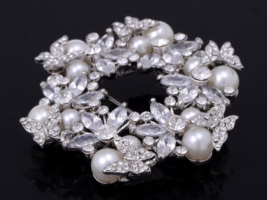 Pearls Festive Floral Butterfly Wreath Brooch Pin