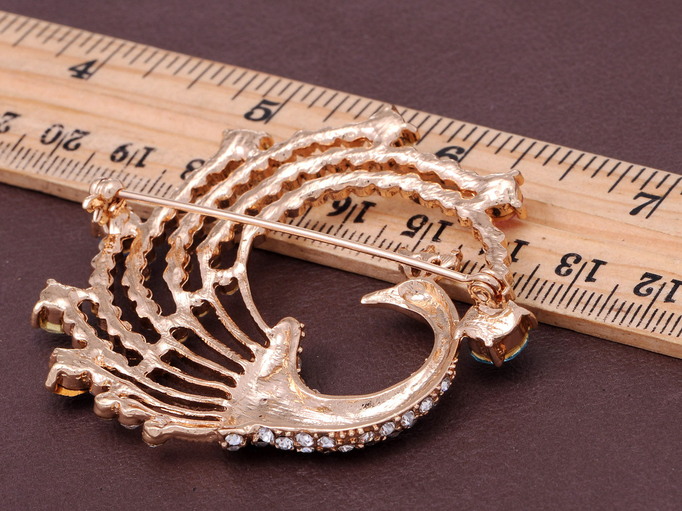 Gold Blue Painted Enamel Peacock Bird Feather Plume Brooch Pin