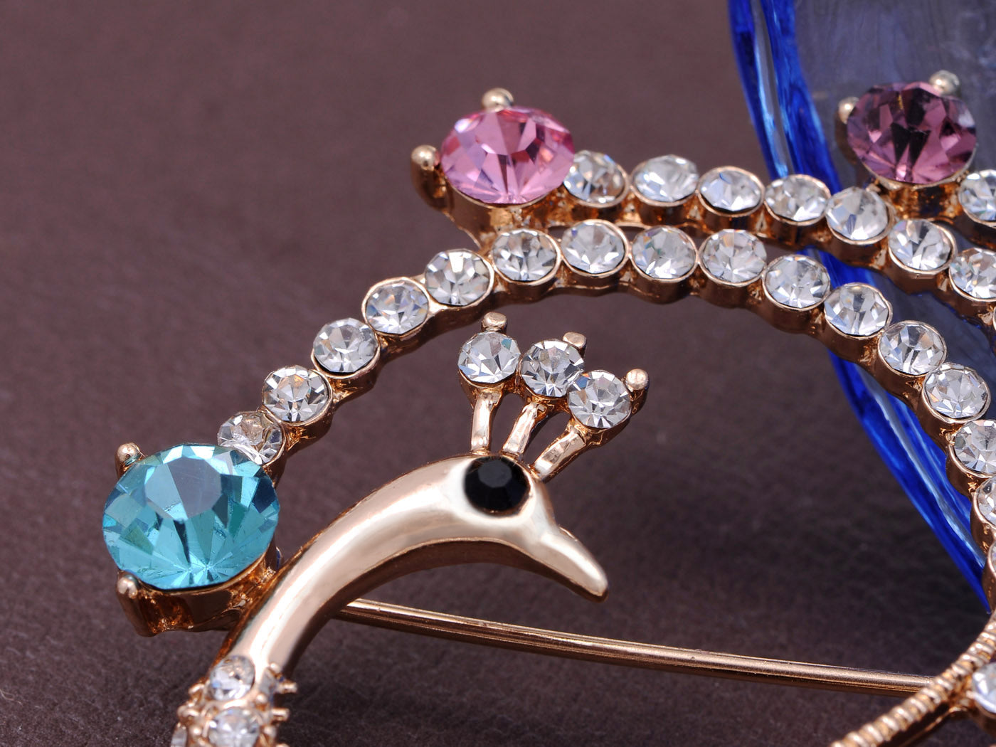 Gold Blue Painted Enamel Peacock Bird Feather Plume Brooch Pin