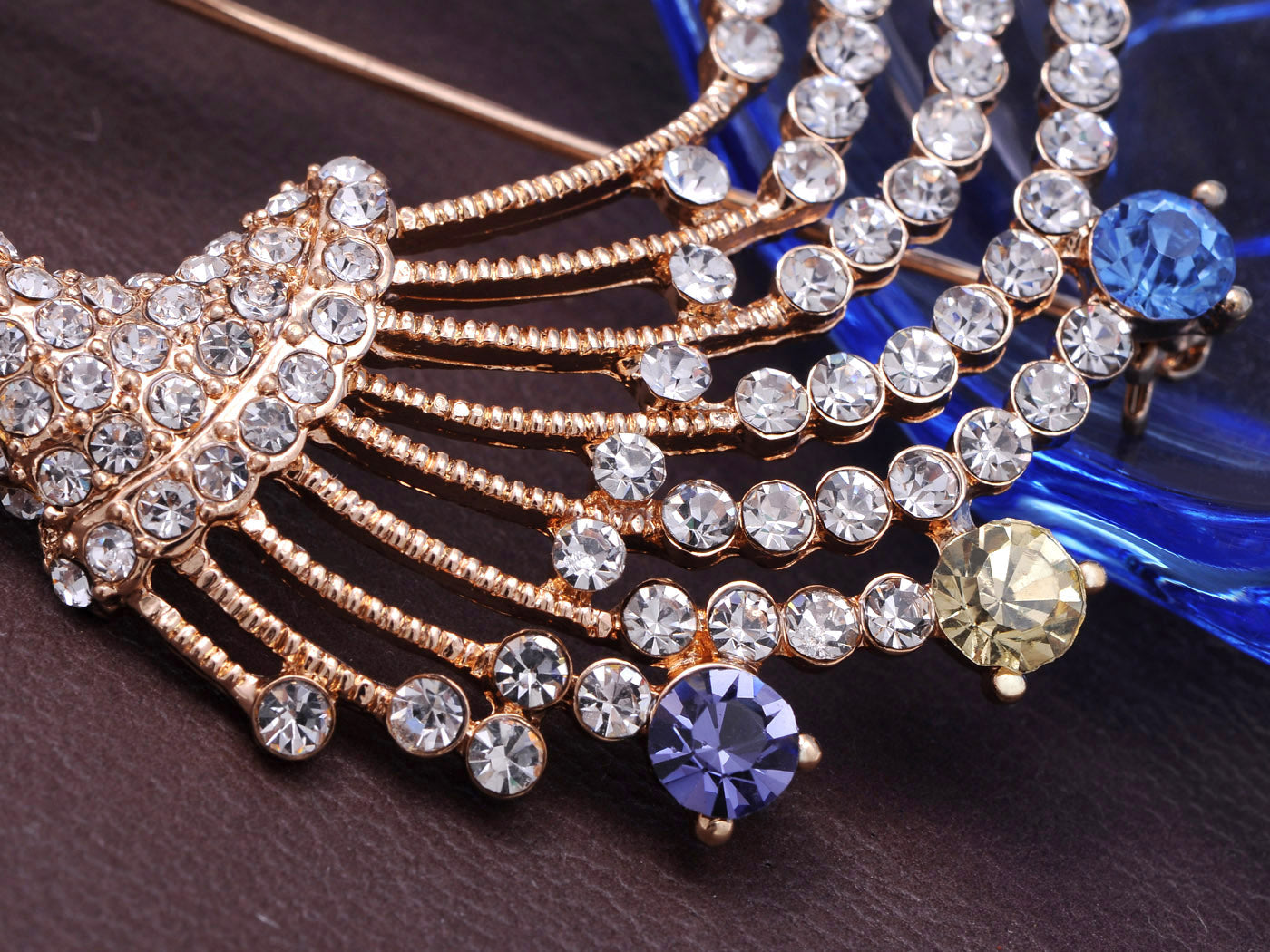 Gold Blue Painted Enamel Peacock Bird Feather Plume Brooch Pin