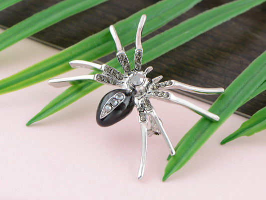 Alilang Silvery Tone Clear Crystal Colored Rhinestones Black Creepy Spider Bug Brooch Pin, Black & Silver