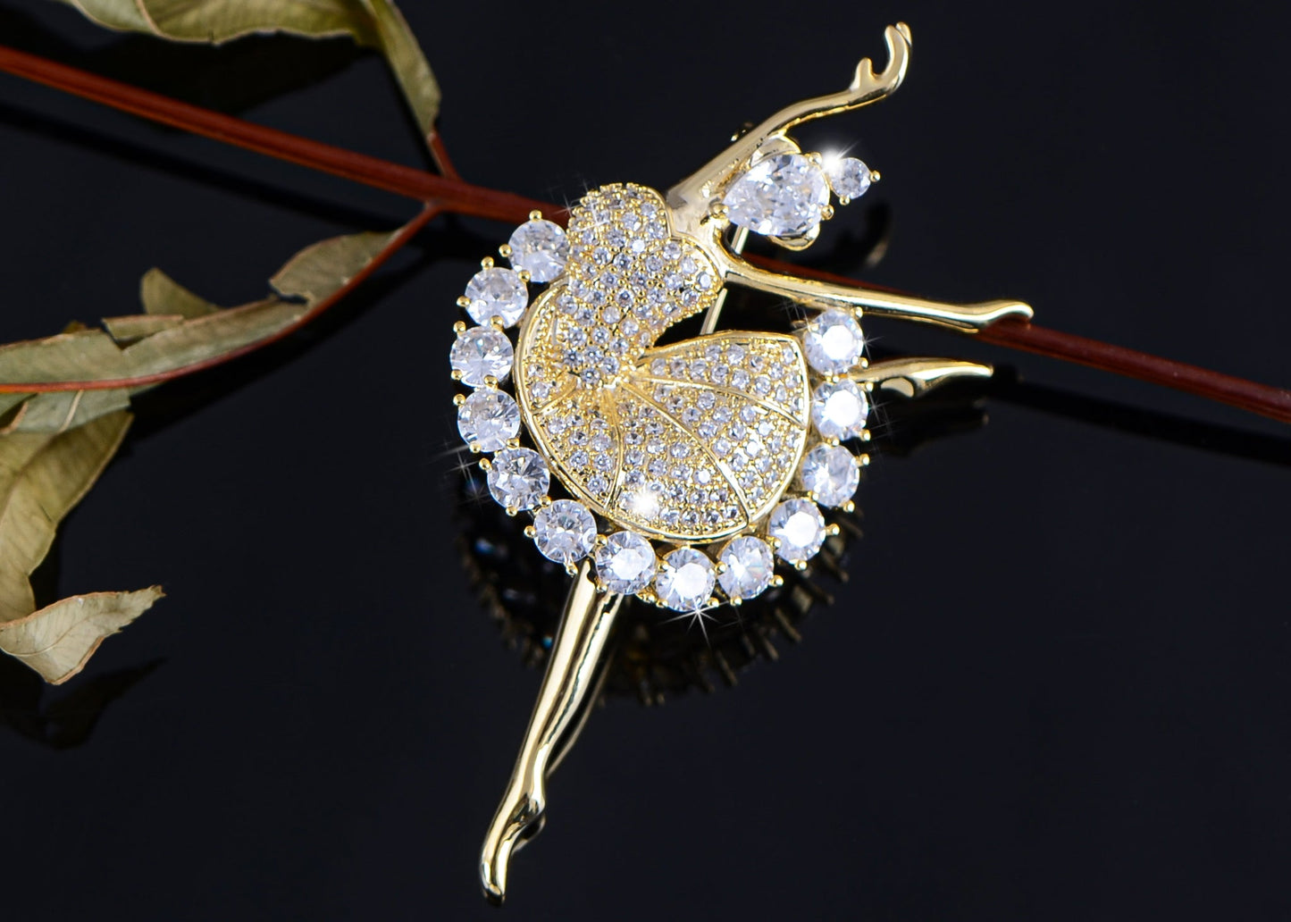 Alilang Fashion Gold Elegant Ballerina Dancing Women Crystal Rhinestone Brooch Pin Cubic Zirconia