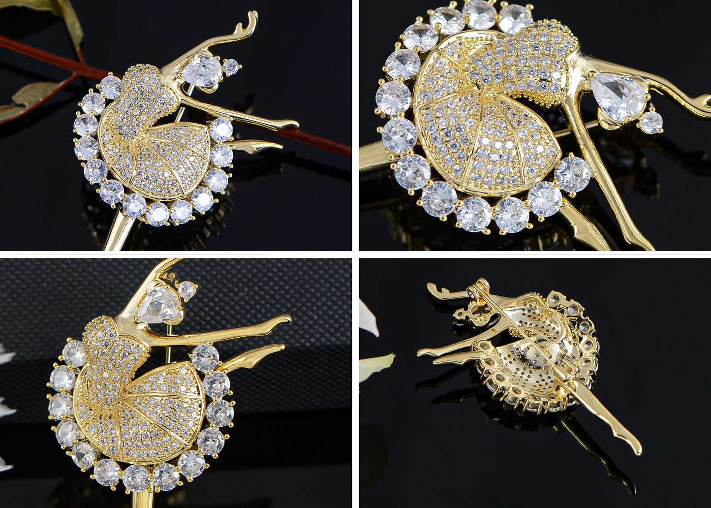 Alilang Fashion Gold Elegant Ballerina Dancing Women Crystal Rhinestone Brooch Pin Cubic Zirconia