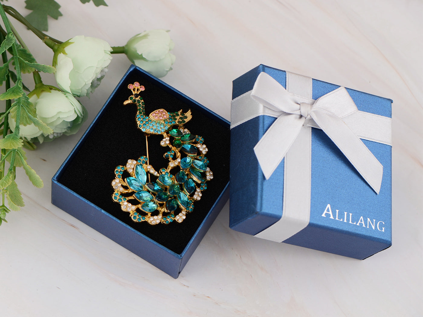 Gold Blue Painted Enamel Peacock Bird Feather Plume Brooch Pin