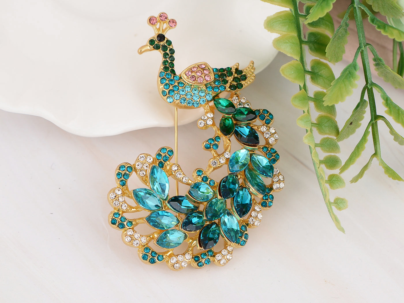 Gold Blue Painted Enamel Peacock Bird Feather Plume Brooch Pin