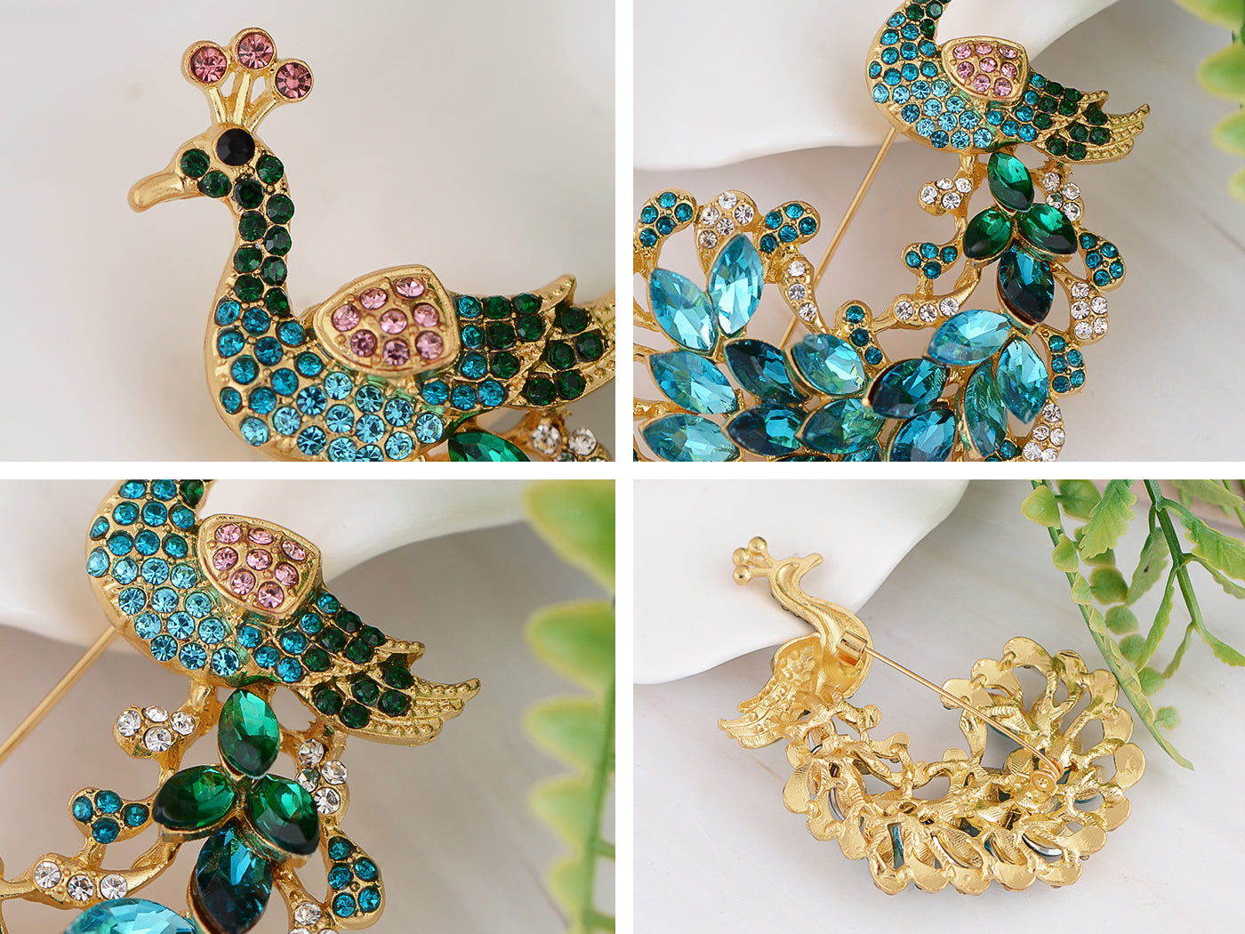 Gold Blue Painted Enamel Peacock Bird Feather Plume Brooch Pin