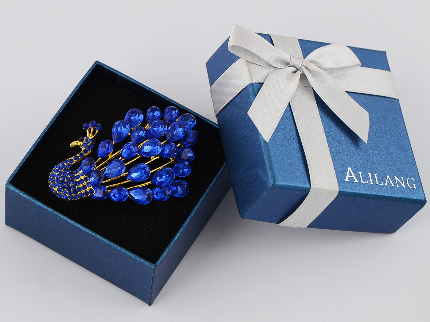 Gold Blue Painted Enamel Peacock Bird Feather Plume Brooch Pin