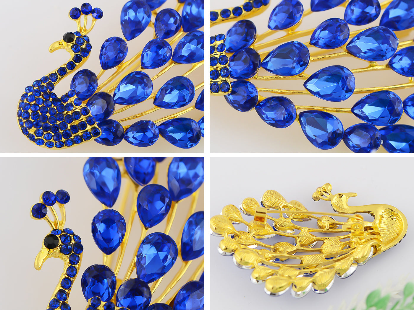 Gold Blue Painted Enamel Peacock Bird Feather Plume Brooch Pin