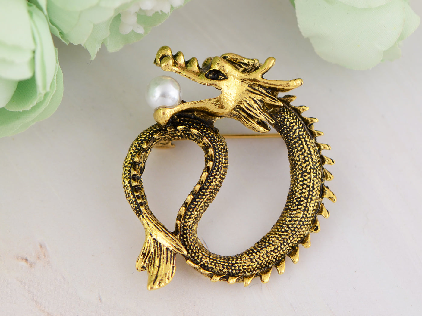 Antique Frosted Zodiac Chinese Dragon Brooch Pin