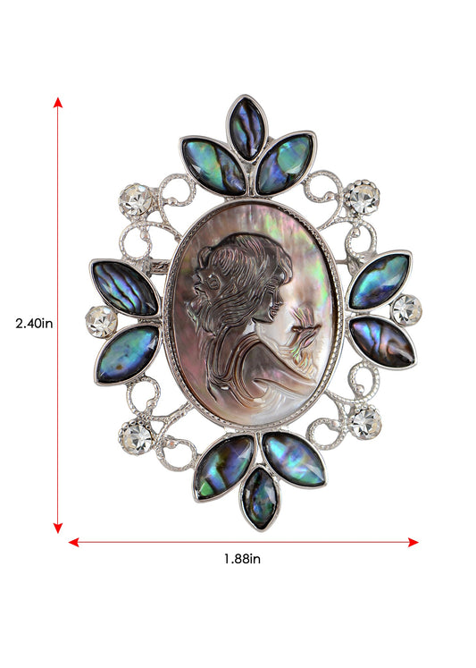 Alilang Vintage Inspired Abalone Shell Clear Crystal Rhinestone Lady Cameo Brooch Pin Maiden Flower Pendant