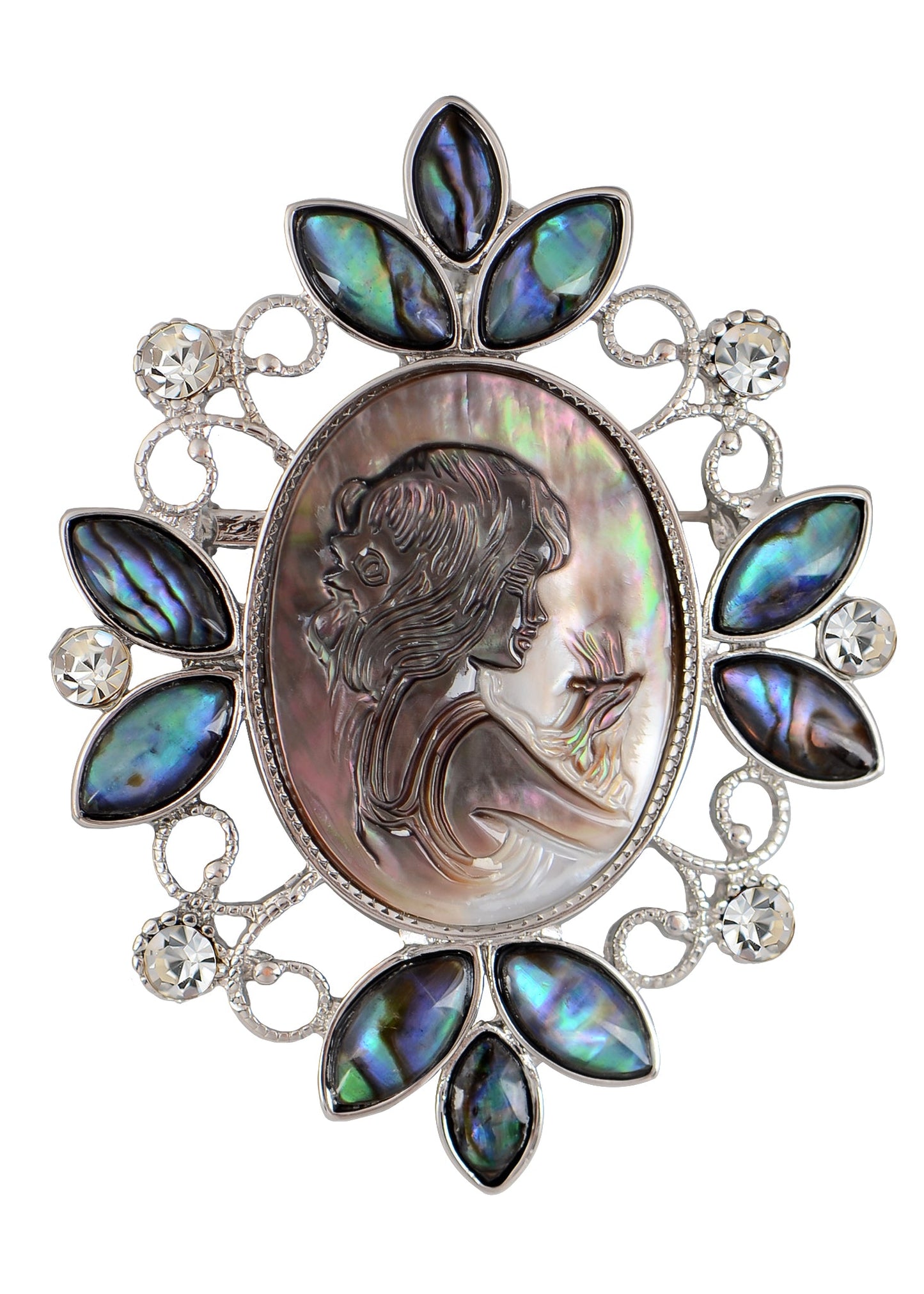 Alilang Vintage Inspired Abalone Shell Clear Crystal Rhinestone Lady Cameo Brooch Pin Maiden Flower Pendant