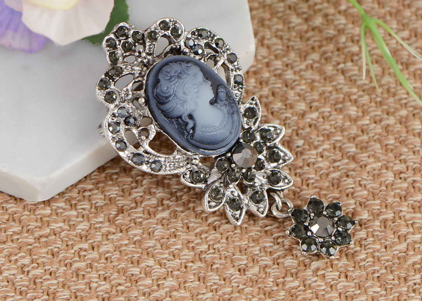 Alilang Vintage Inspired Crystal Rhinestone Victorian Lady Cameo Brooch Pin flower Pendant