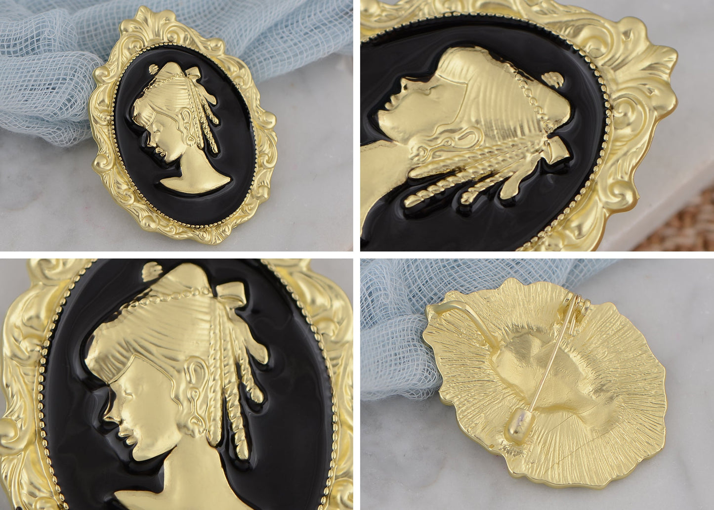 Alilang Golden Tone Vintage Inspired Black Enamel Lady Cameo Brooch Pin