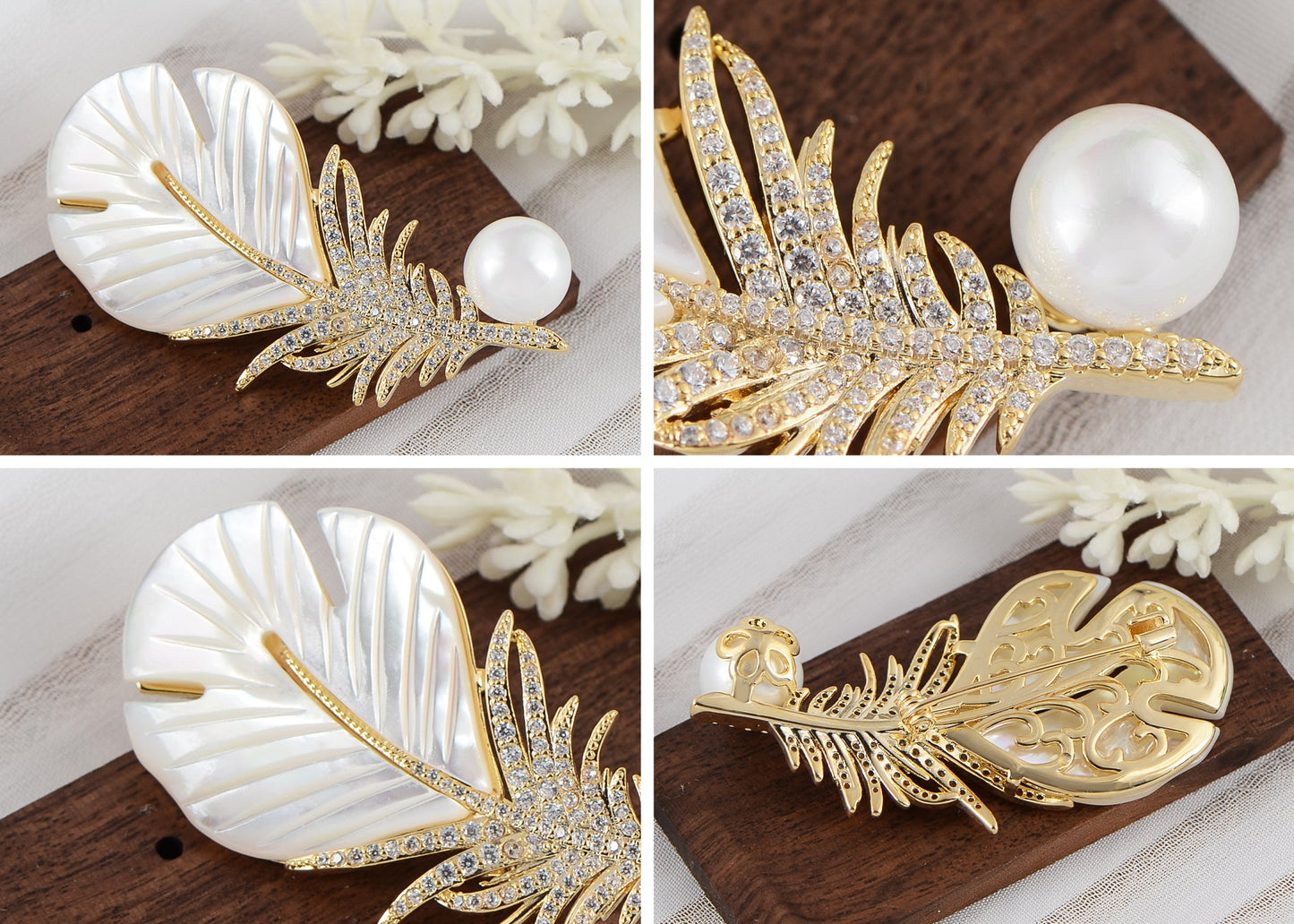 Alilang Shell Pearl Feather Brooch Pin For Women Men Fashion Crystal Rhinestone Delicate Leaf Brooch Lapel Pins Elegant Dress Accessories Jewelry Corsage For Hat Bag Suit Tie Gift Mother'S Day Wedding Birthday