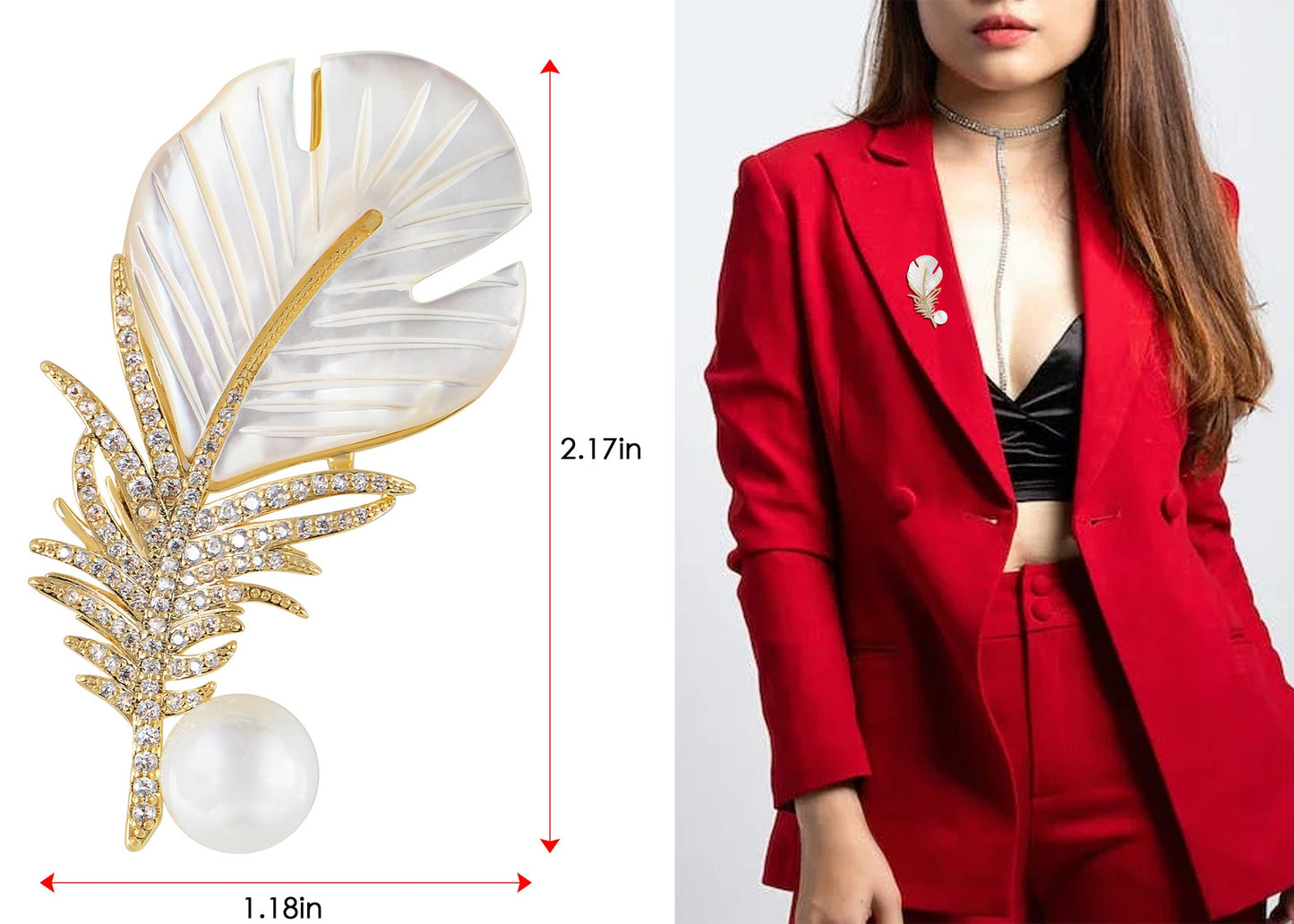 Alilang Shell Pearl Feather Brooch Pin For Women Men Fashion Crystal Rhinestone Delicate Leaf Brooch Lapel Pins Elegant Dress Accessories Jewelry Corsage For Hat Bag Suit Tie Gift Mother'S Day Wedding Birthday