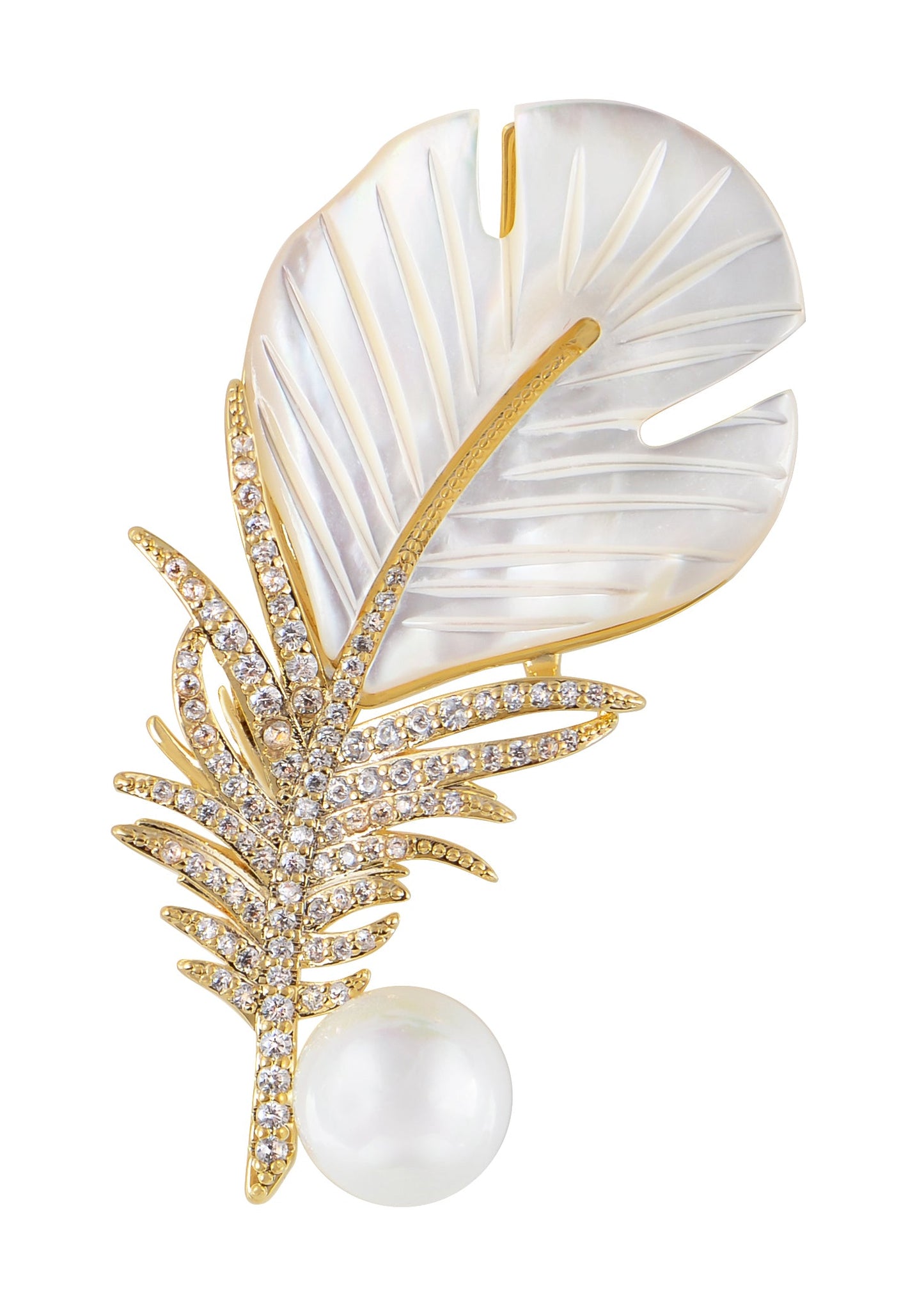 Alilang Shell Pearl Feather Brooch Pin For Women Men Fashion Crystal Rhinestone Delicate Leaf Brooch Lapel Pins Elegant Dress Accessories Jewelry Corsage For Hat Bag Suit Tie Gift Mother'S Day Wedding Birthday