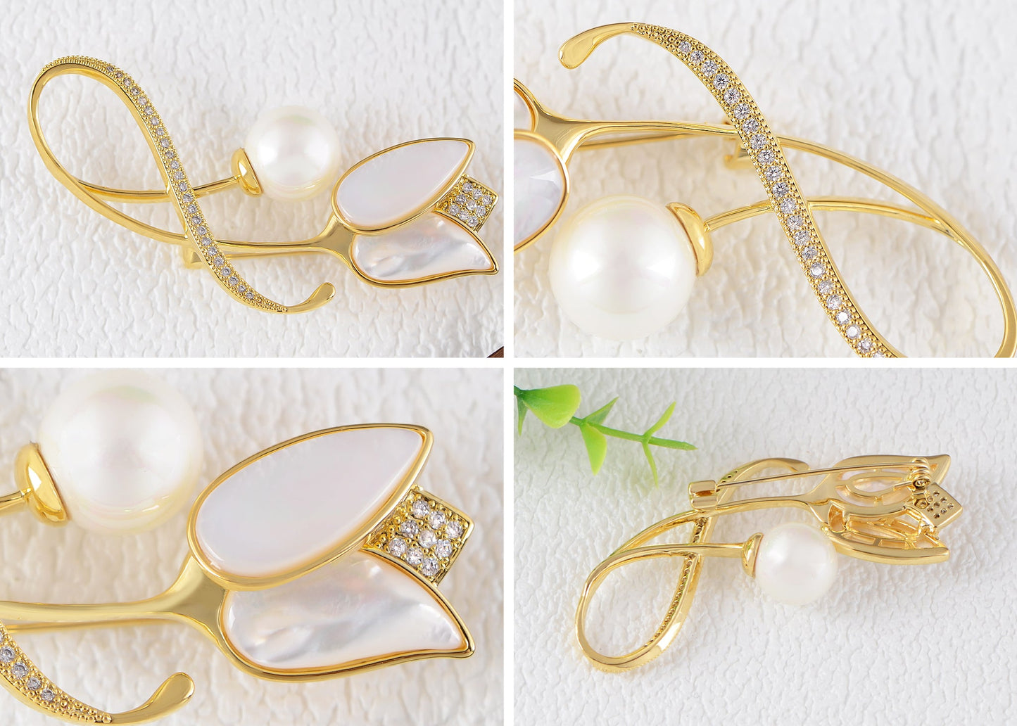 Alilang Elegant Floral Clear Crystal Rhinestone Summery Flower Pin Brooch Zircon Pearl Shell Tulip Flower Pin