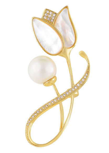 Alilang Elegant Floral Clear Crystal Rhinestone Summery Flower Pin Brooch Zircon Pearl Shell Tulip Flower Pin