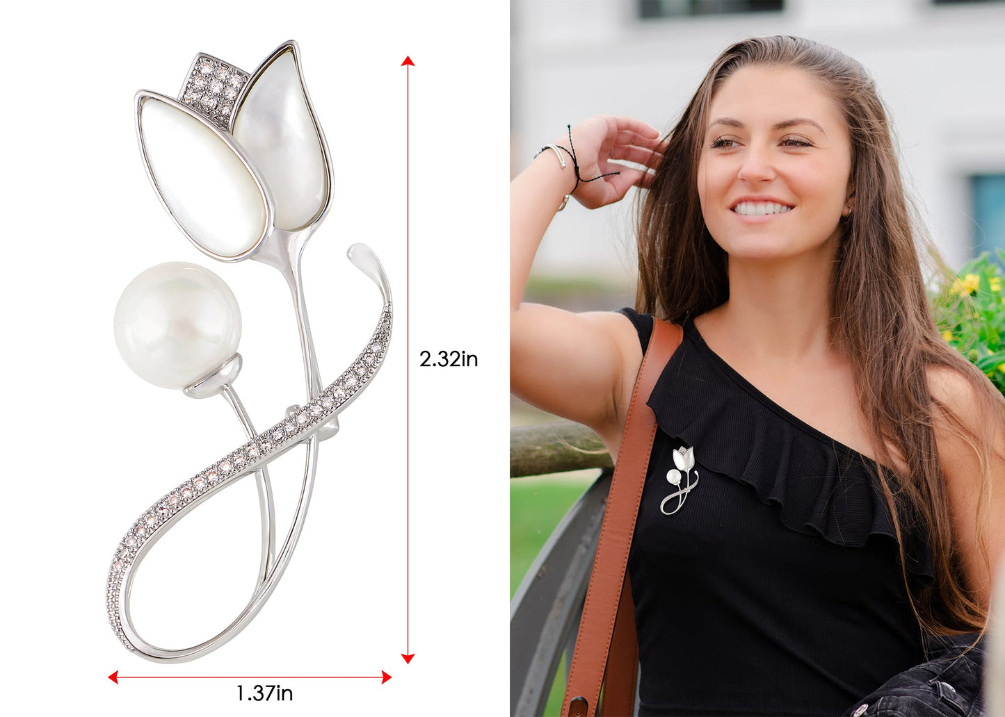 Alilang Elegant Floral Clear Crystal Rhinestone Summery Flower Pin Brooch Zircon Pearl Shell Tulip Flower Pin