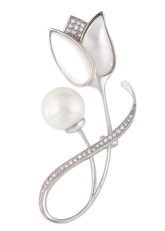 Alilang Elegant Floral Clear Crystal Rhinestone Summery Flower Pin Brooch Zircon Pearl Shell Tulip Flower Pin