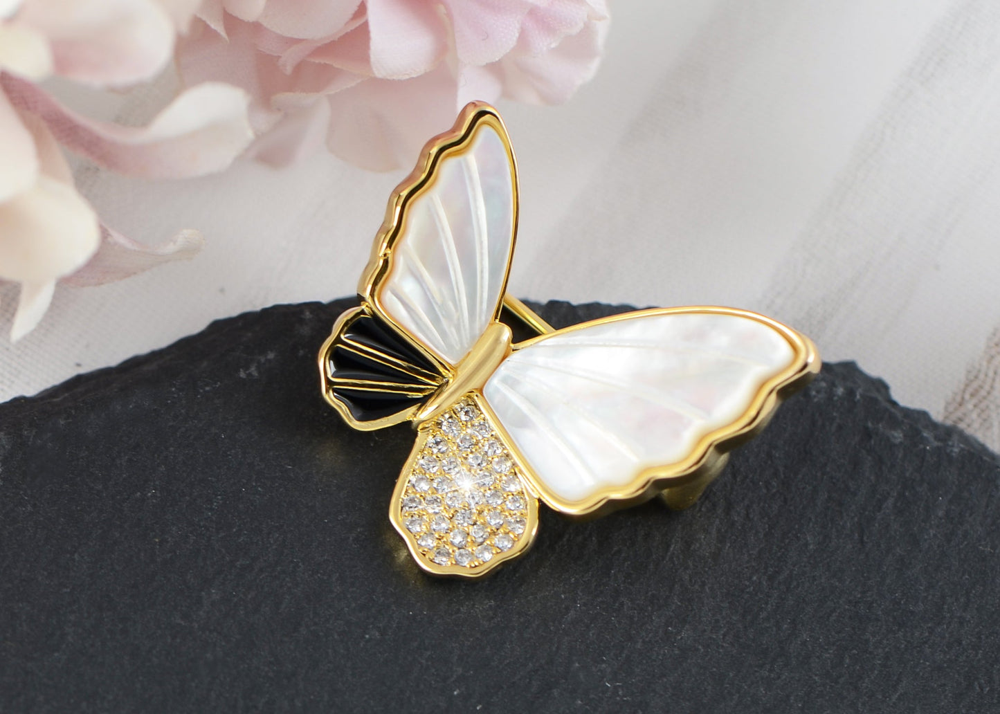 Alilang Seashell Sparkling Zircon Crystal Rhinestone Winged Butterfly Brooch Pin