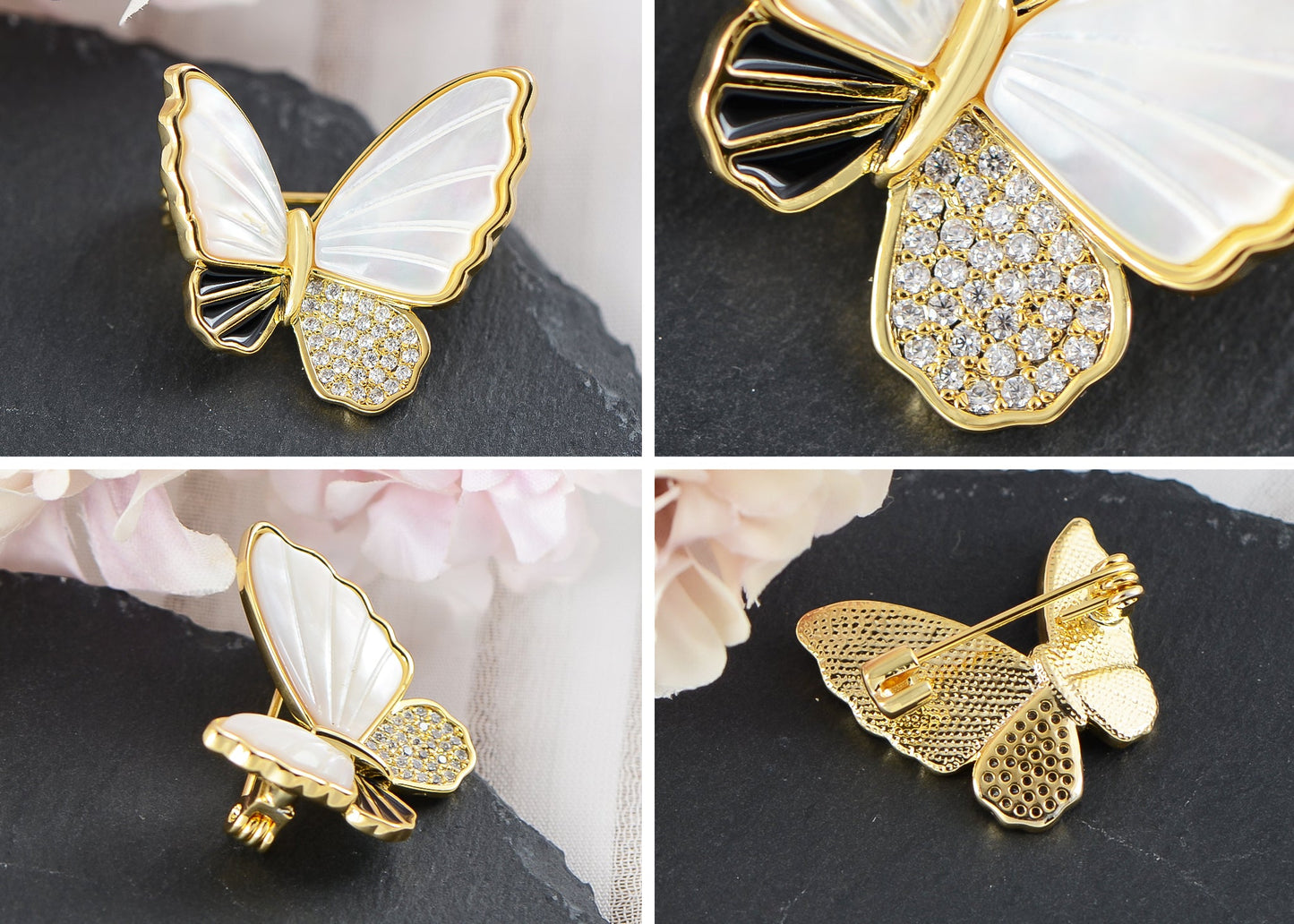 Alilang Seashell Sparkling Zircon Crystal Rhinestone Winged Butterfly Brooch Pin