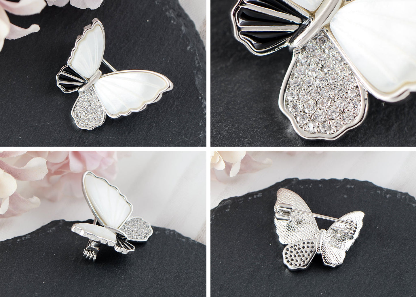 Alilang Seashell Sparkling Zircon Crystal Rhinestone Winged Butterfly Brooch Pin