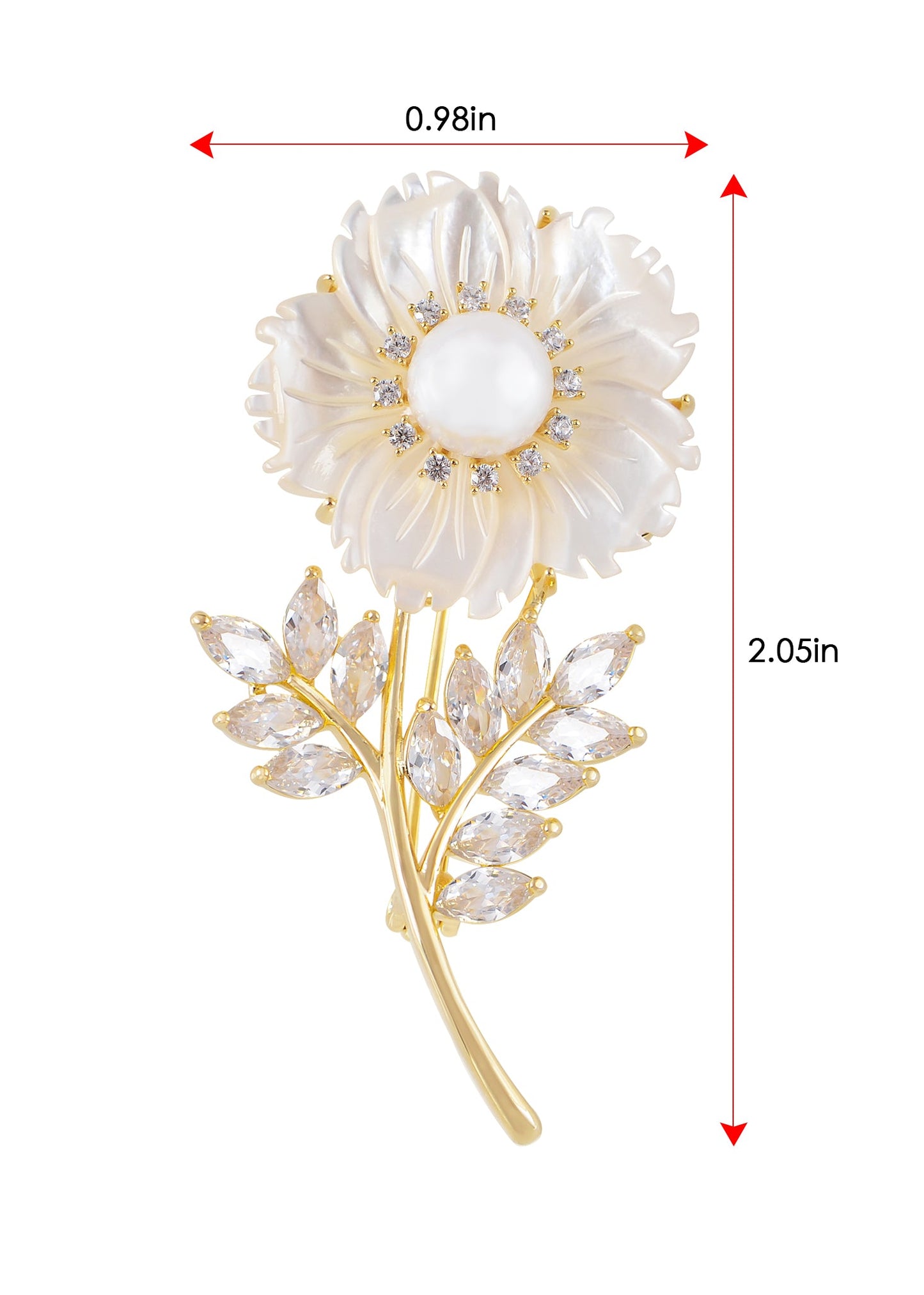 Alilang Women Natural Shell Pearl Floars And Leaves Brooch Pin - Fashion Austria Crystal Rhinestones Elegant Golden Flowers Shiny Brooch