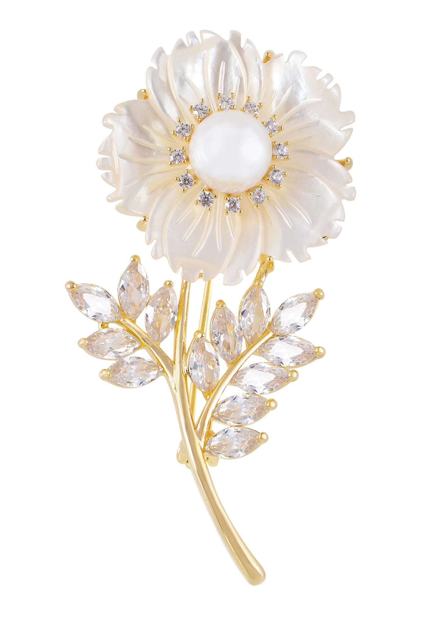 Alilang Women Natural Shell Pearl Floars And Leaves Brooch Pin - Fashion Austria Crystal Rhinestones Elegant Golden Flowers Shiny Brooch