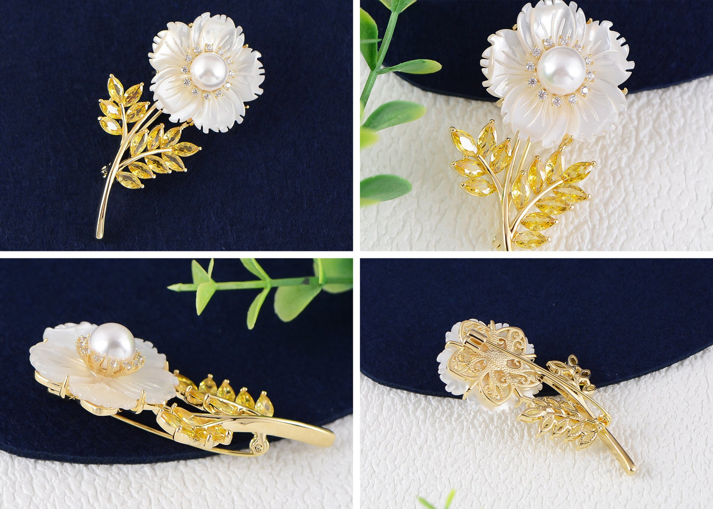 Alilang Women Natural Shell Pearl Floars And Leaves Brooch Pin - Fashion Austria Crystal Rhinestones Elegant Golden Flowers Shiny Brooch