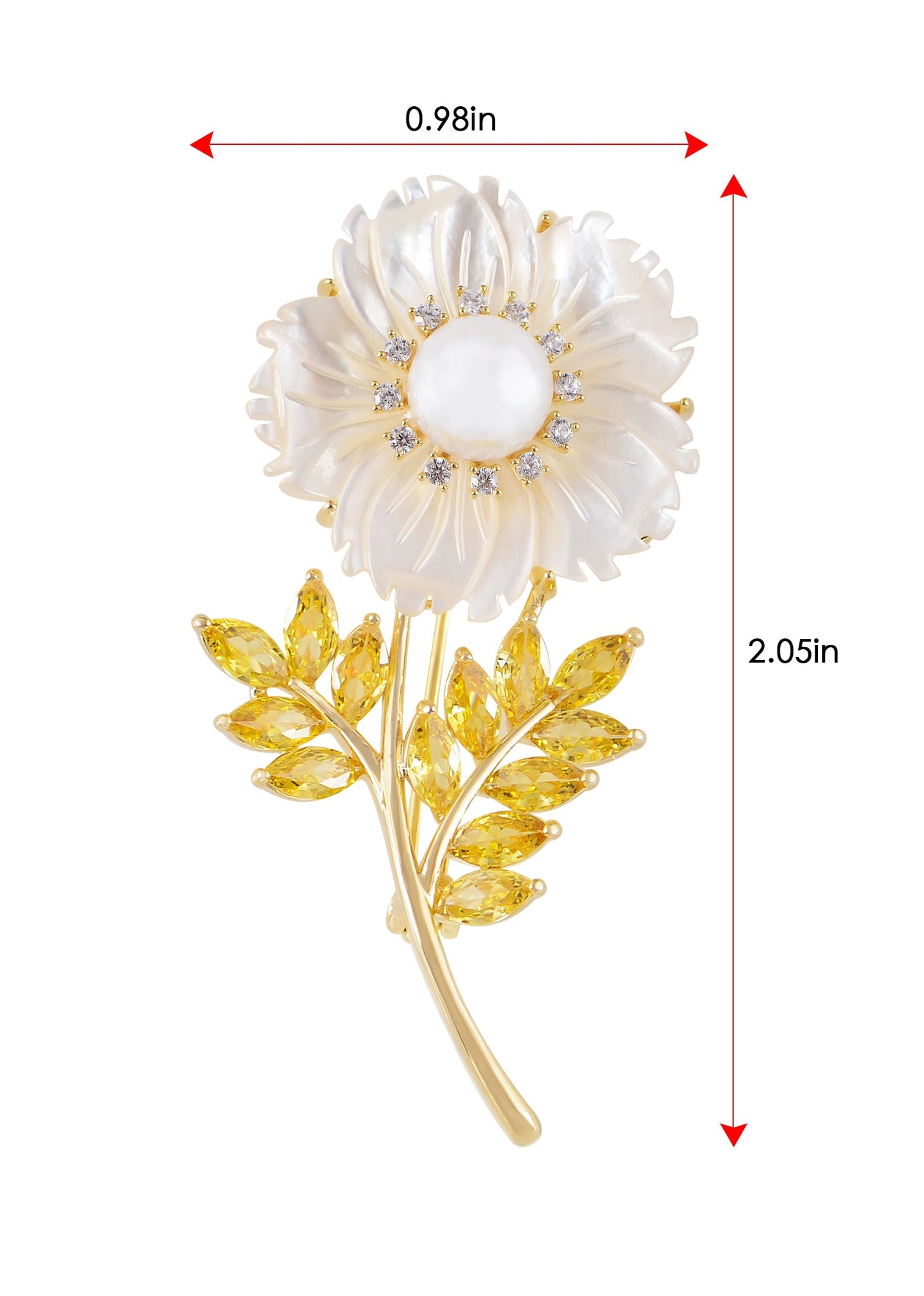 Alilang Women Natural Shell Pearl Floars And Leaves Brooch Pin - Fashion Austria Crystal Rhinestones Elegant Golden Flowers Shiny Brooch