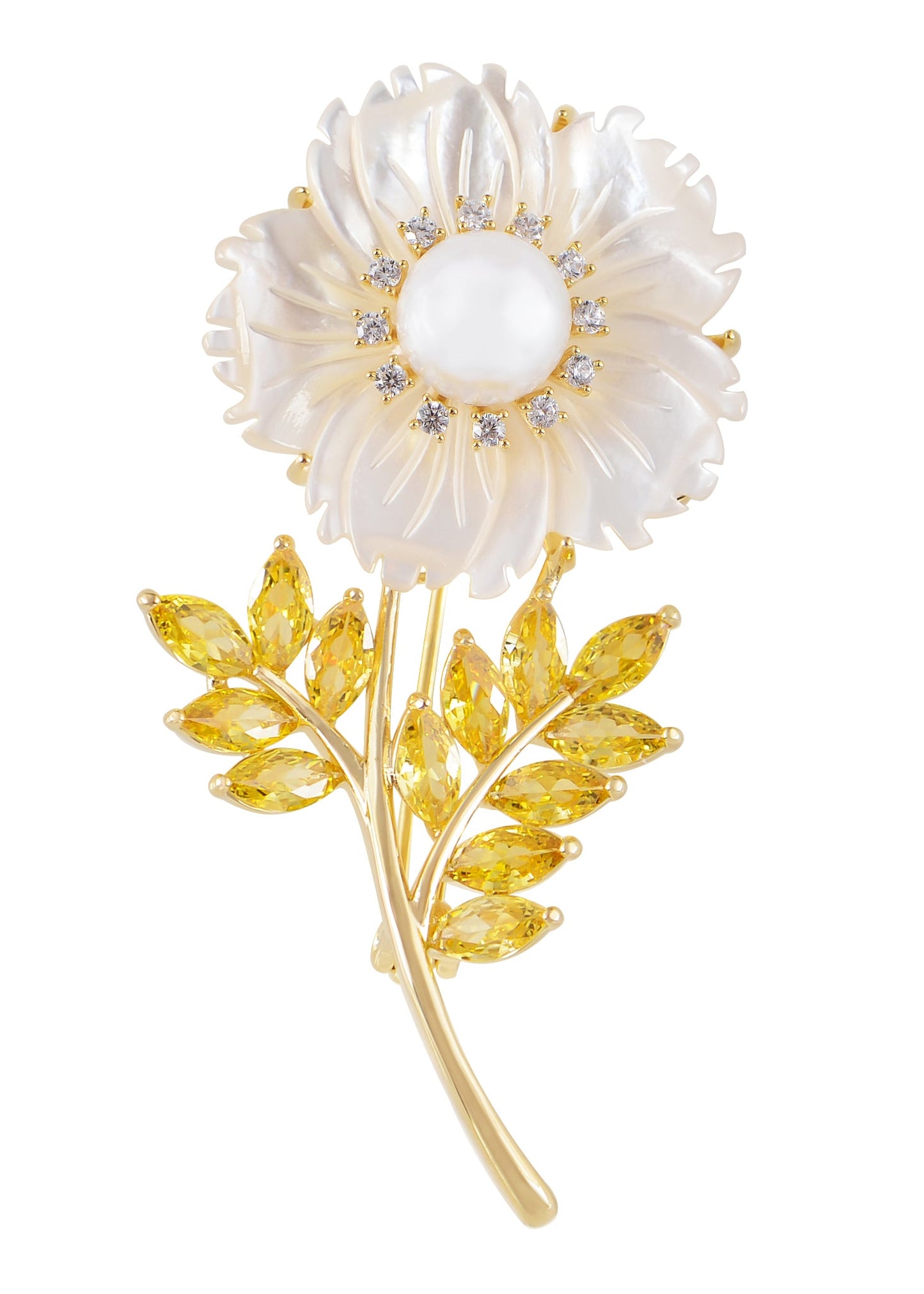 Alilang Women Natural Shell Pearl Floars And Leaves Brooch Pin - Fashion Austria Crystal Rhinestones Elegant Golden Flowers Shiny Brooch